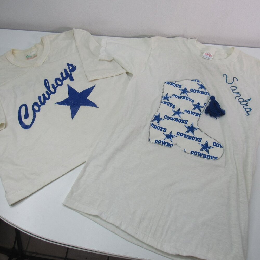 2 Vtg Healthknit Ivory Tees Hand Crafted Team Spirit Cowboys Cheer Shirts M